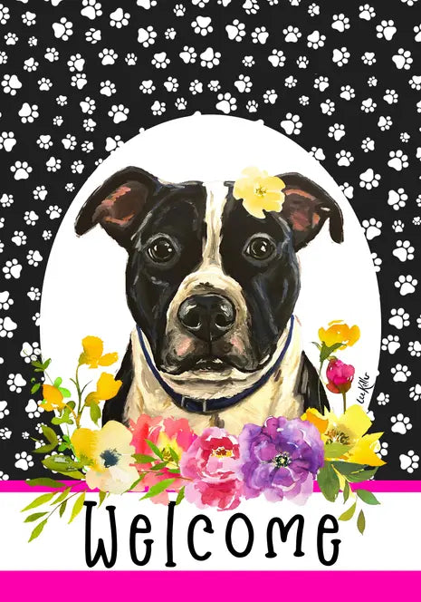 Pit Bull Black/White - Hippie Hound Studios Paw Prints  House and Garden Flags Best of Breed