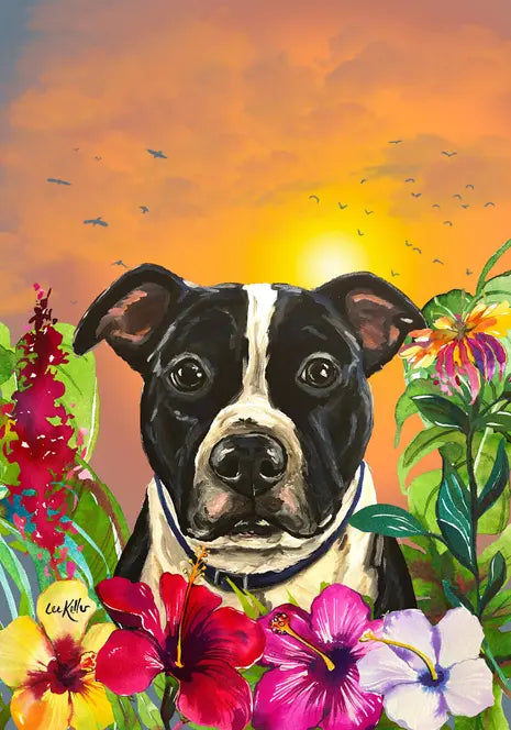 Pit Bull Black/White - Hippie Hound Studios Tropical Summer  House and Garden Flags Best of Breed
