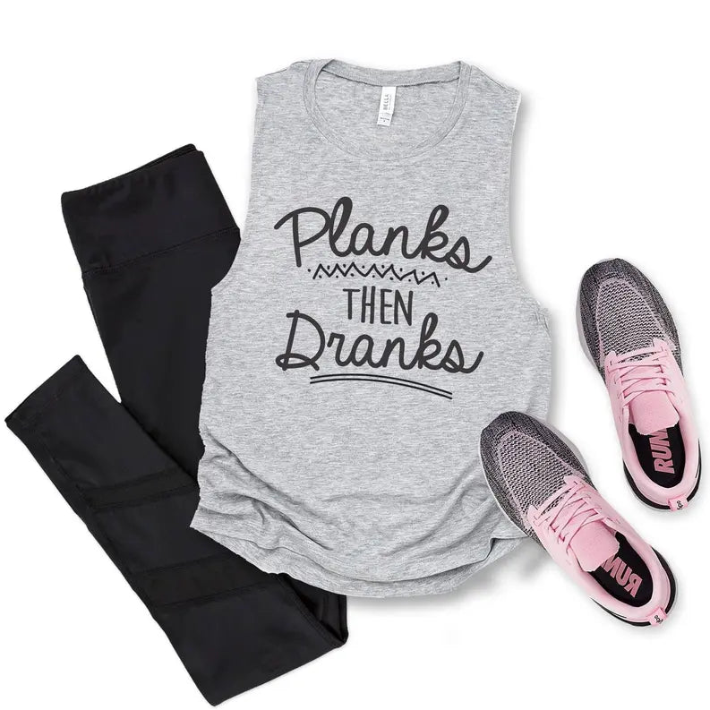 Planks Then Dranks Funny Yoga Workout Tank for Women Stiles Tee