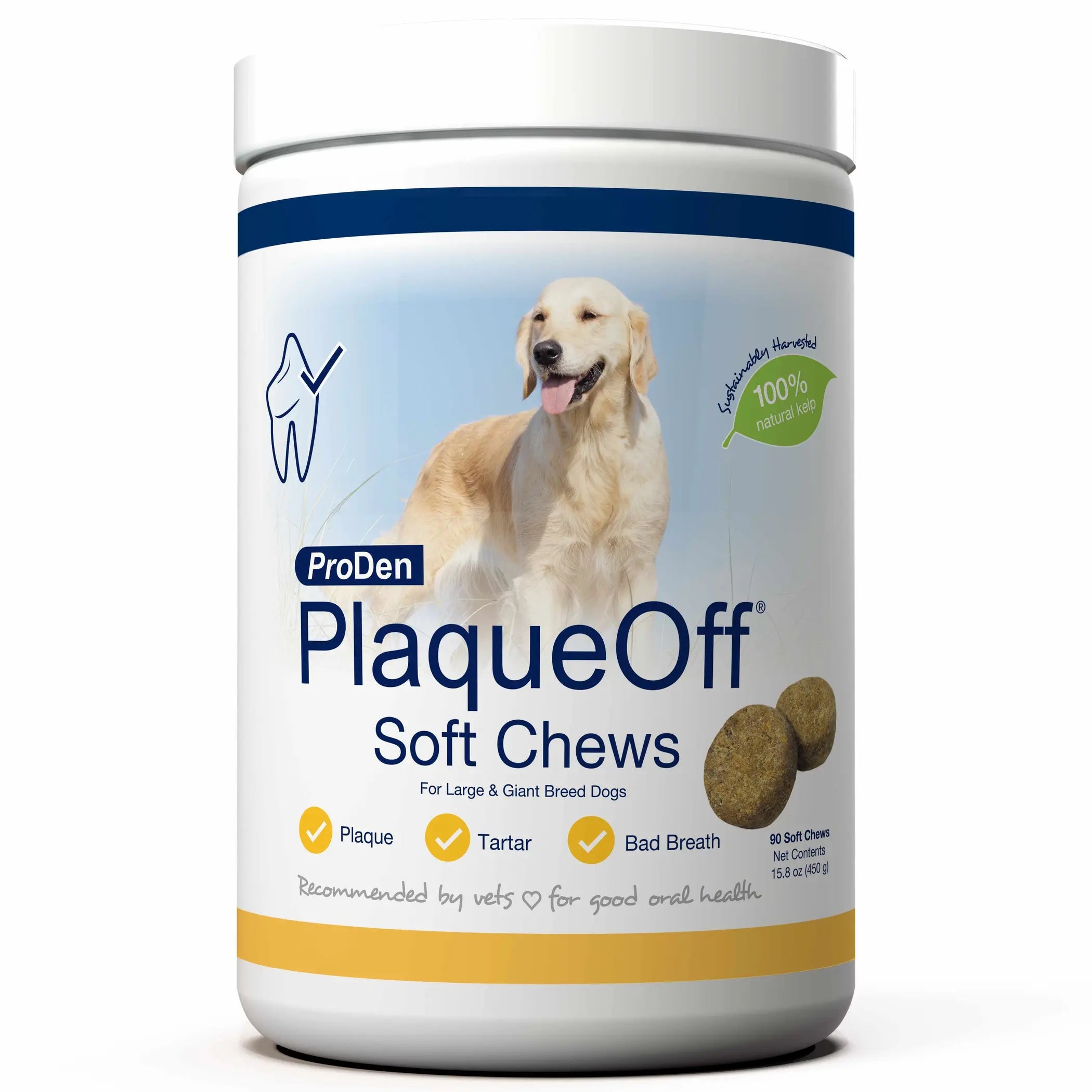 ProDen PlaqueOff Soft Chews for large dogs, 100% natural, promoting fresh breath and reducing plaque and tartar.