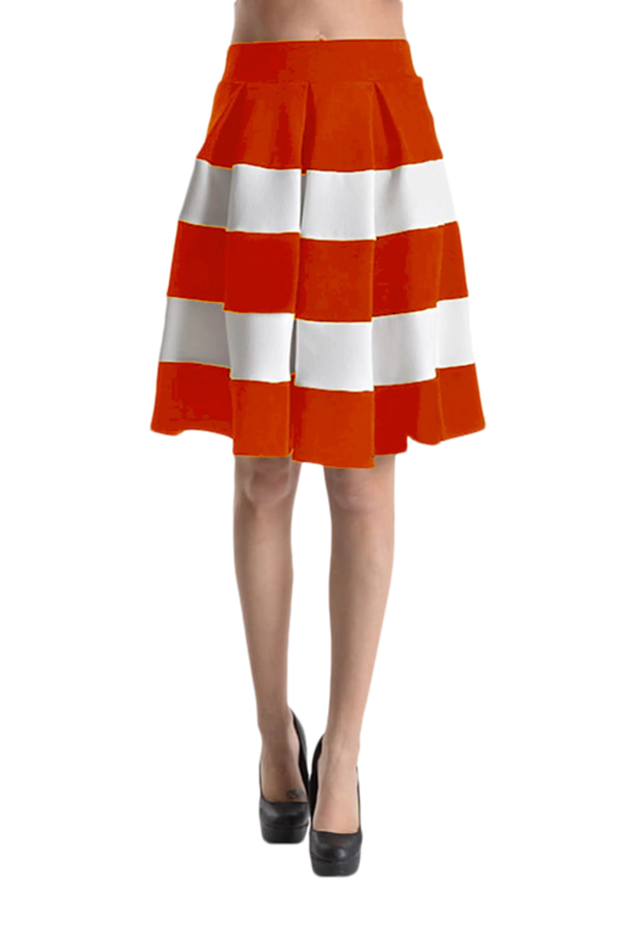 Pleated Color Block Skirt with Elasticized Waist band Orange SurelyMine