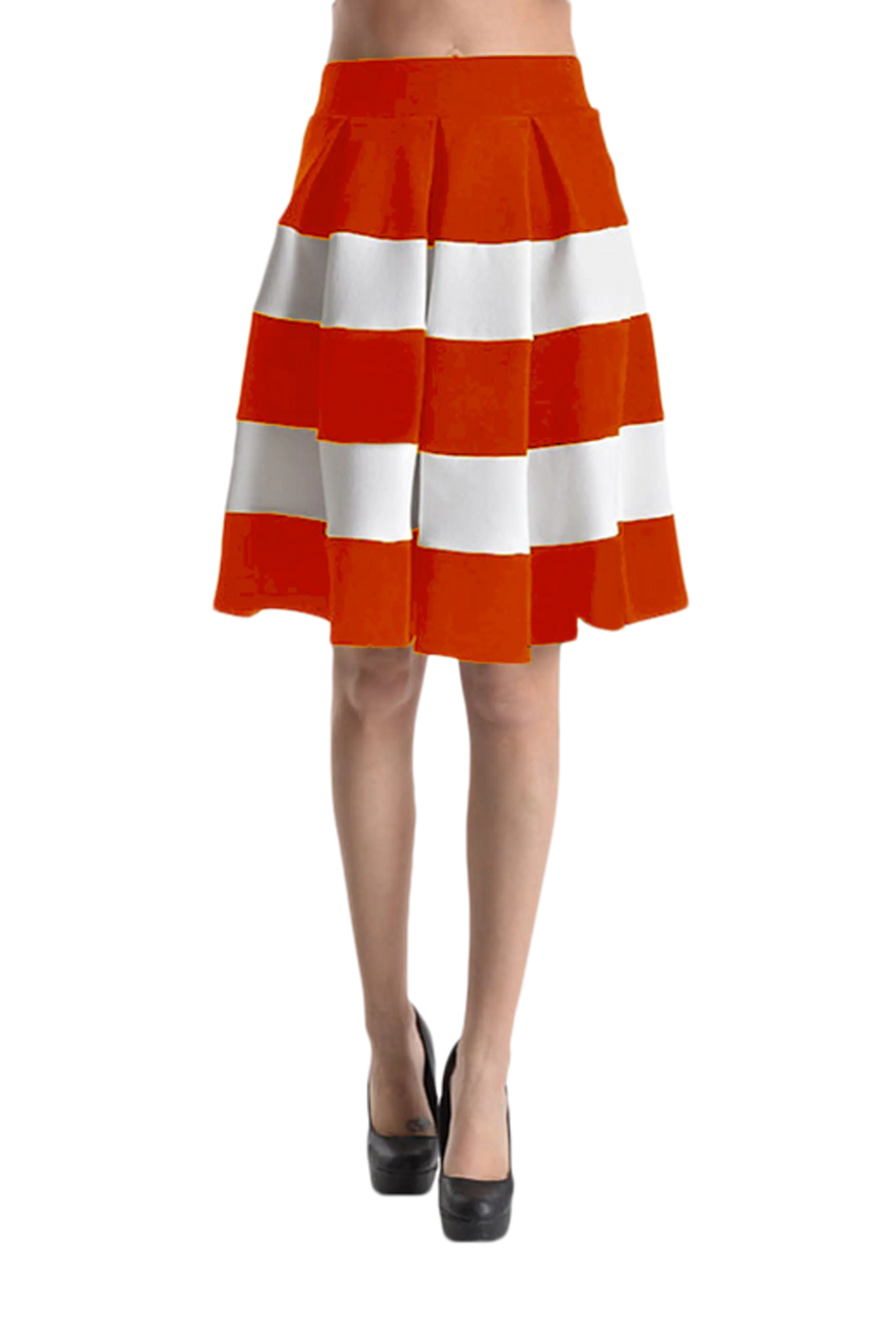 Pleated Color Block Skirt with Elasticized Waist band Orange SurelyMine