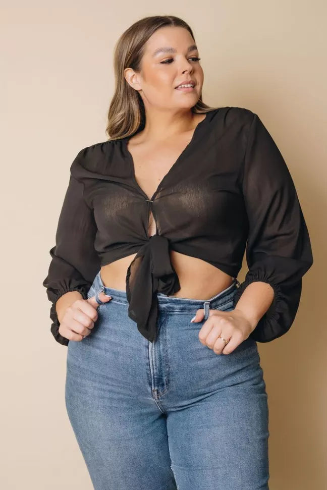 Plus Size Balloon Sleeve Wrap Top Stay Warm in Style