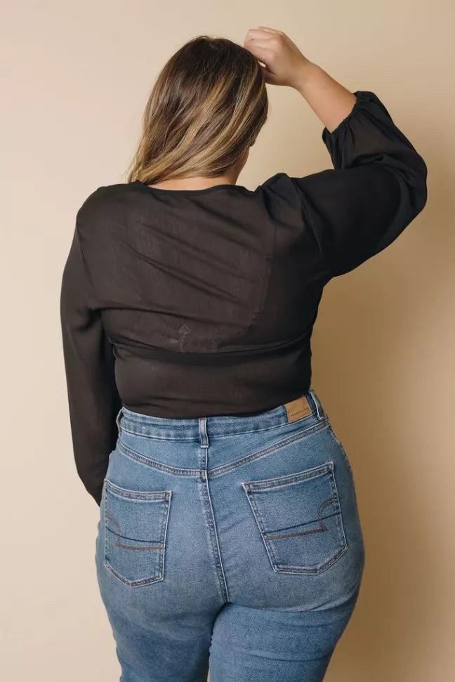Plus Size Balloon Sleeve Wrap Top Stay Warm in Style