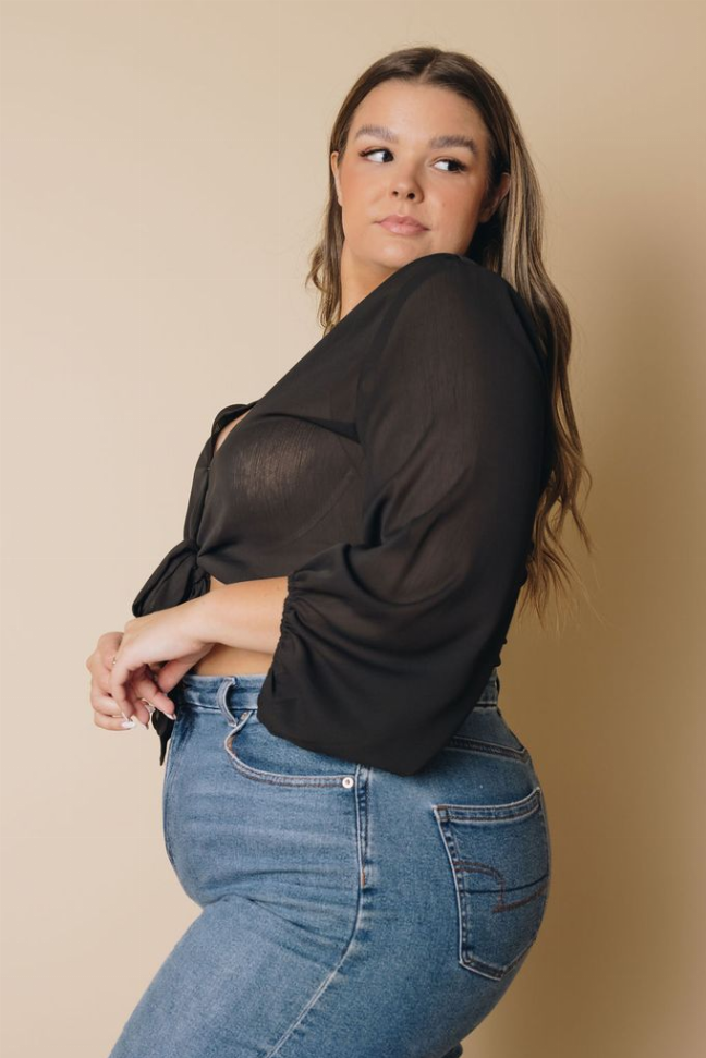 Plus Size Balloon Sleeve Wrap Top Stay Warm in Style