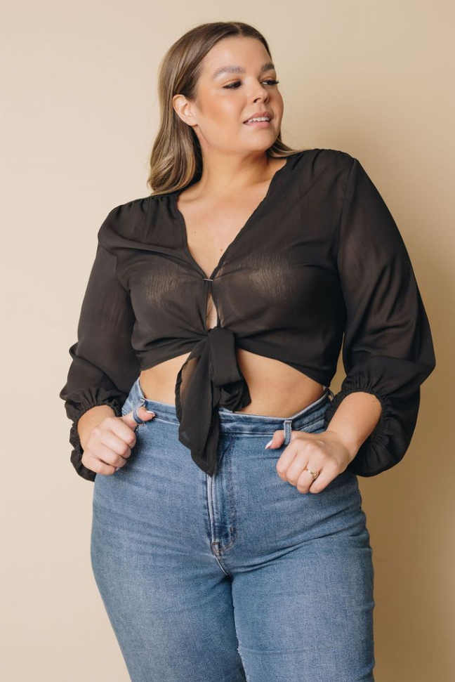 Plus Size Balloon Sleeve Wrap Top Stay Warm in Style