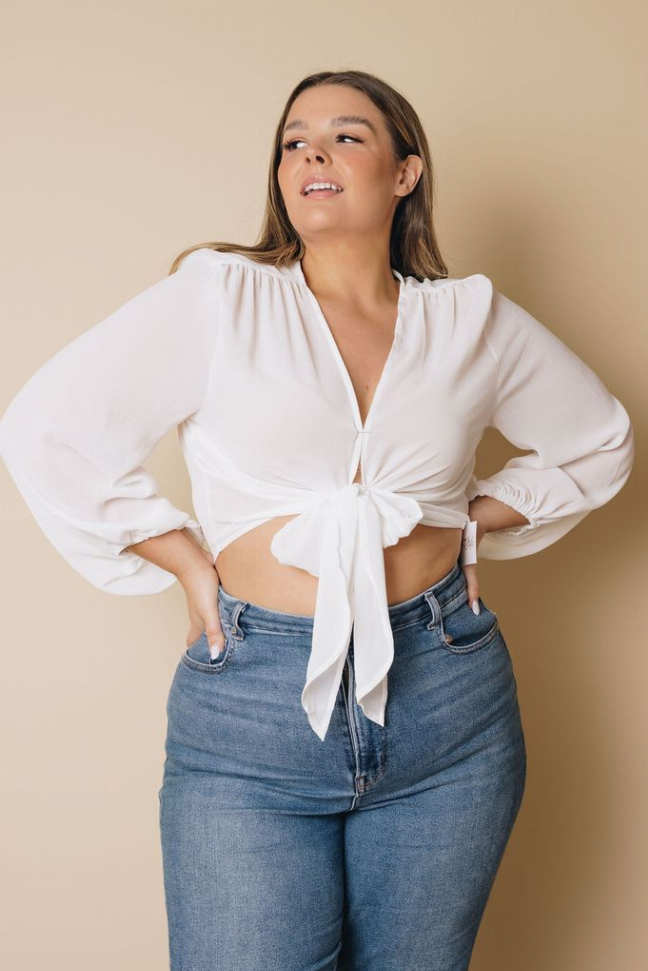 Plus Size Balloon Sleeve Wrap Top Stay Warm in Style