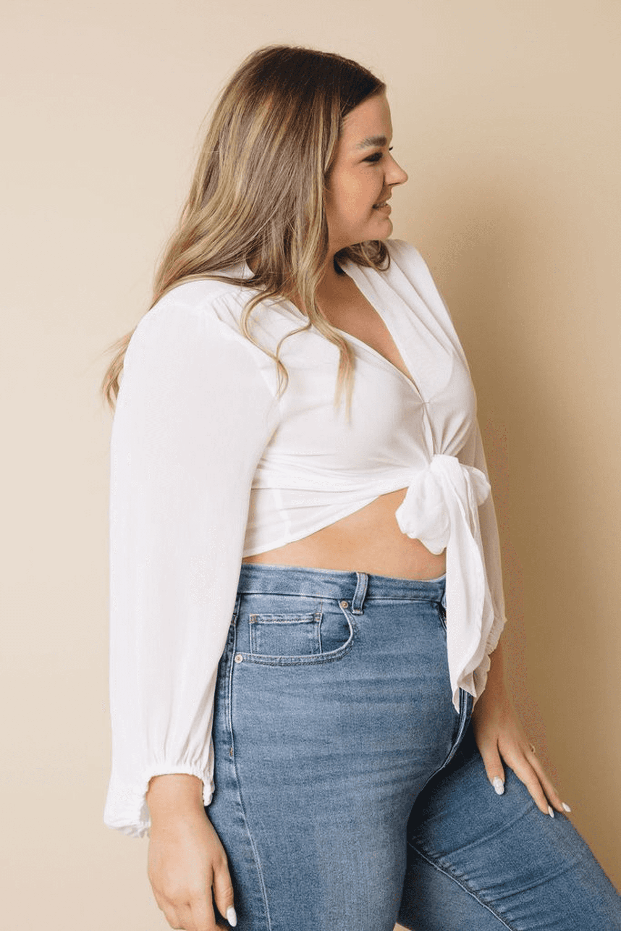 Plus Size Balloon Sleeve Wrap Top Stay Warm in Style