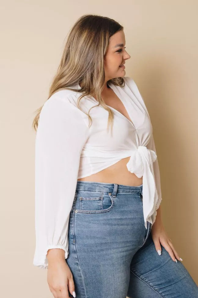 Plus Size Balloon Sleeve Wrap Top Stay Warm in Style