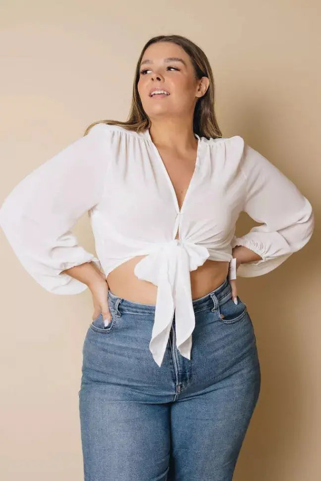 Plus Size Balloon Sleeve Wrap Top Stay Warm in Style