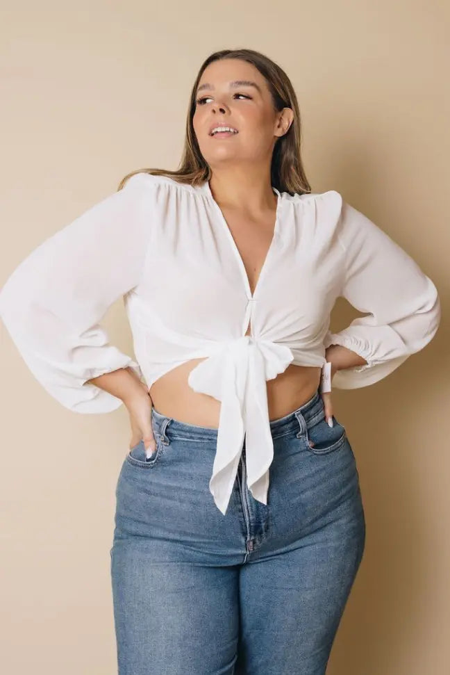 Plus Size Balloon Sleeve Wrap Top Stay Warm in Style