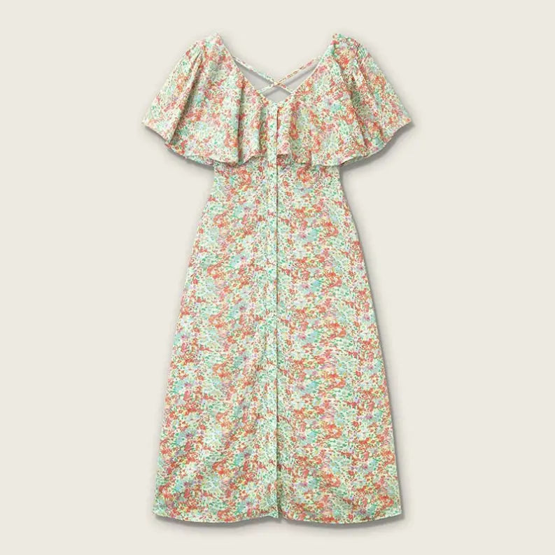 Floral print maxi dress with ruffled sleeves, multicolor hues, and open back design, perfect for summer outings.