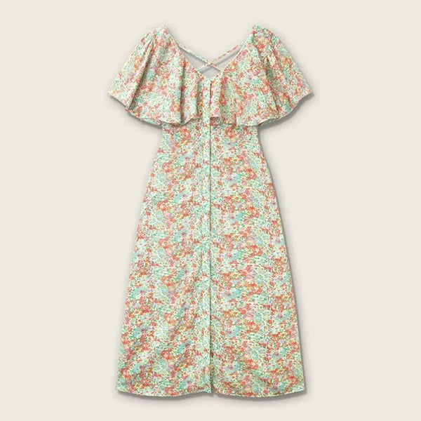 Floral print maxi dress with ruffled sleeves, multicolor hues, and open back design, perfect for summer outings.