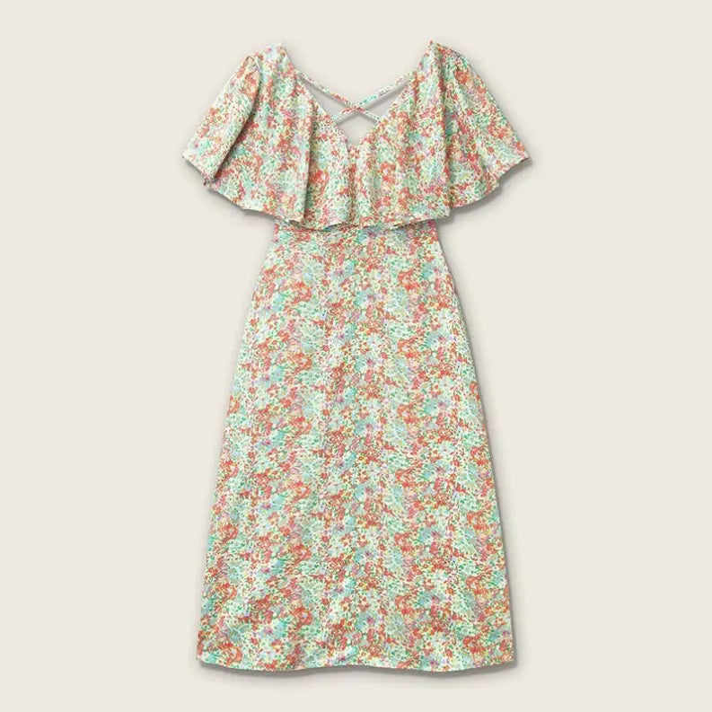 Floral print midi dress with ruffle sleeves, pastel colors, and an open back design. Perfect for summer outings.