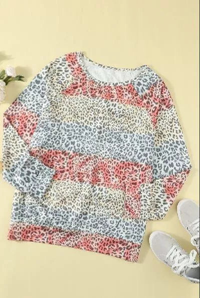 Plus Size Leopard Pullover Long Sleeve Top Stay Warm in Style