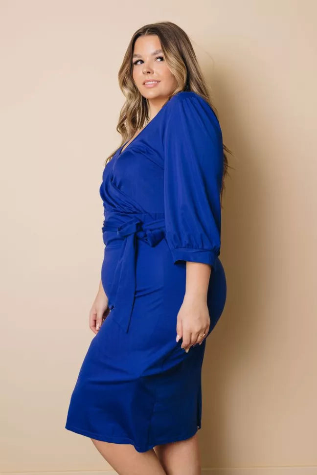 Plus Size Puff Sleeve Wrap V Neck Midi Dress Stay Warm in Style