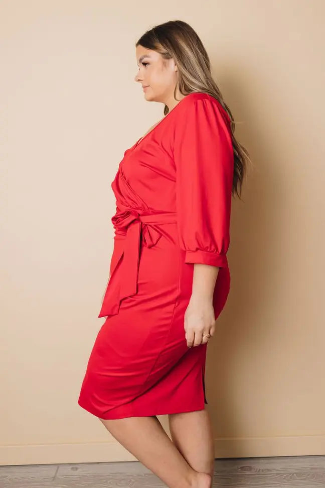 Plus Size Puff Sleeve Wrap V Neck Midi Dress Stay Warm in Style