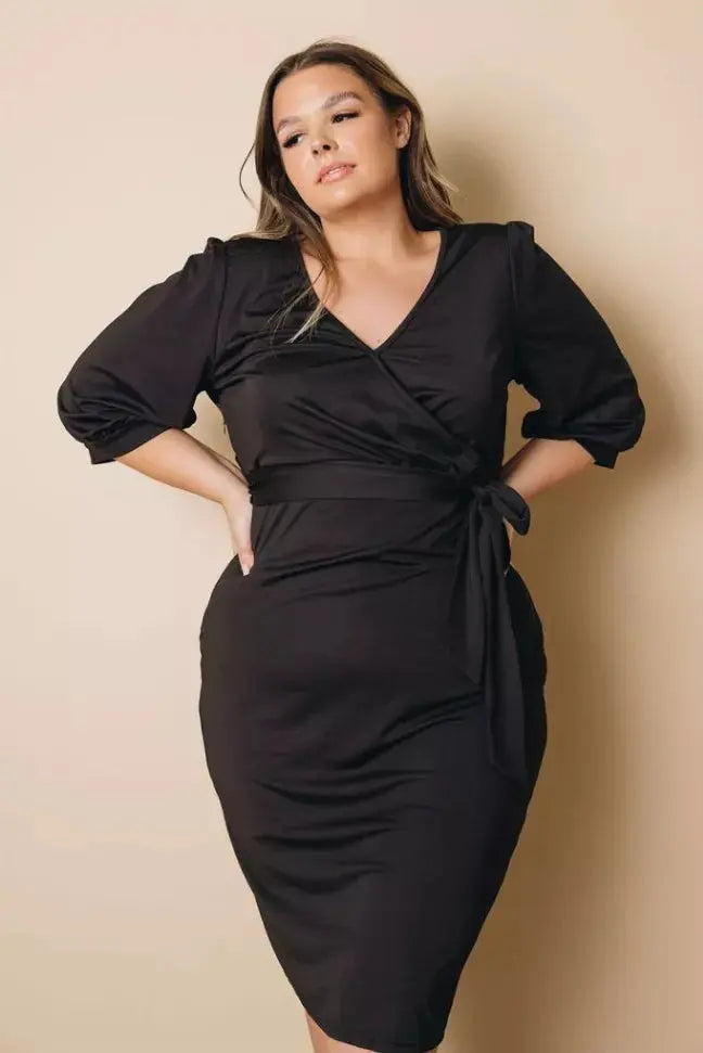 Plus Size Puff Sleeve Wrap V Neck Midi Dress Stay Warm in Style