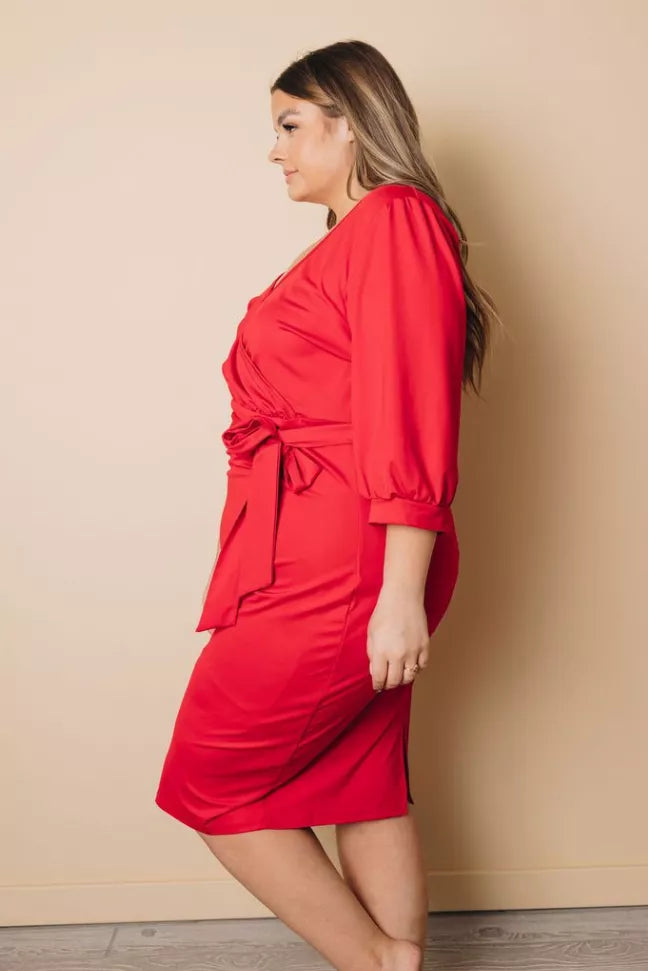 Plus Size Puff Sleeve Wrap V Neck Midi Dress Stay Warm in Style