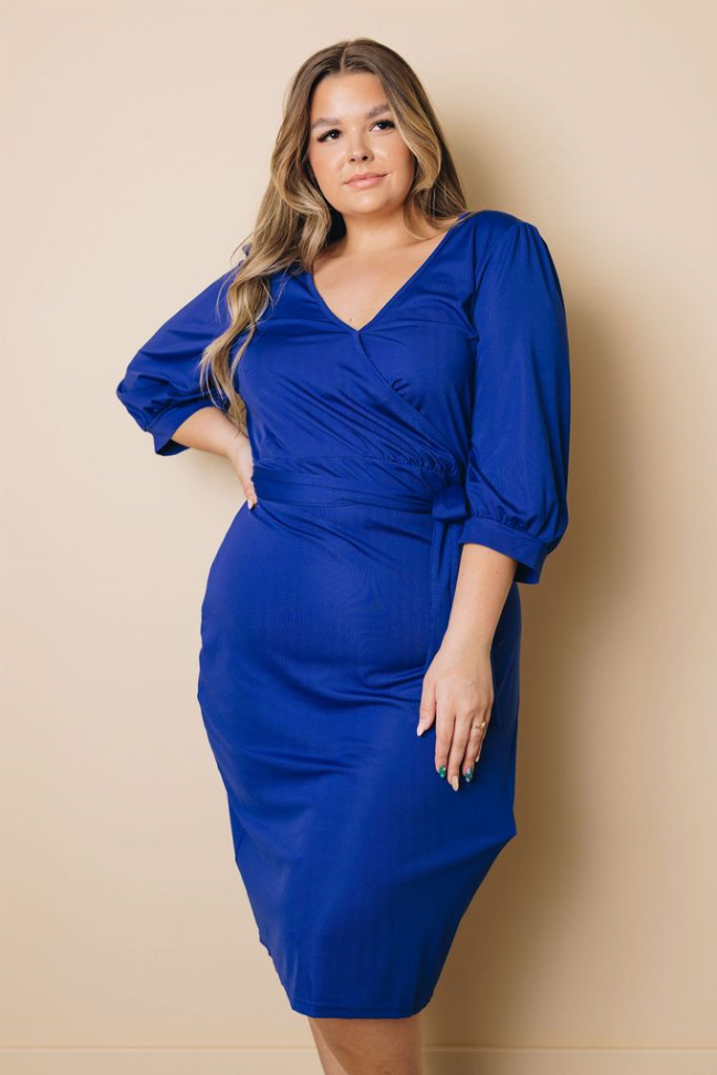 Plus Size Puff Sleeve Wrap V Neck Midi Dress Stay Warm in Style