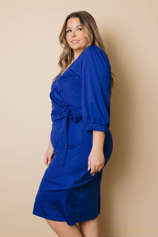 Plus Size Puff Sleeve Wrap V Neck Midi Dress Stay Warm in Style
