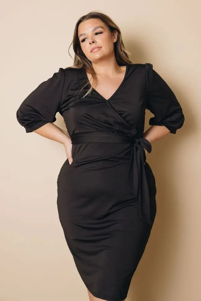 Plus Size Puff Sleeve Wrap V Neck Midi Dress Stay Warm in Style