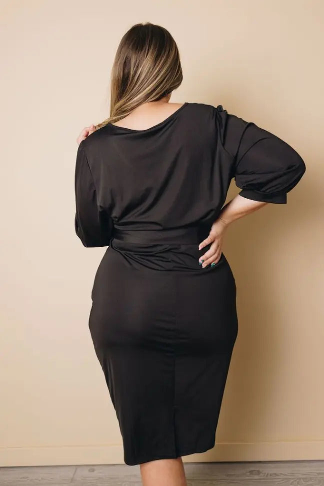 Plus Size Puff Sleeve Wrap V Neck Midi Dress Stay Warm in Style