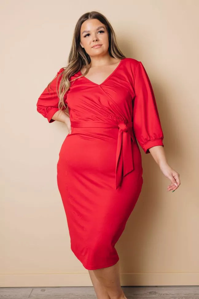 Plus Size Puff Sleeve Wrap V Neck Midi Dress Stay Warm in Style