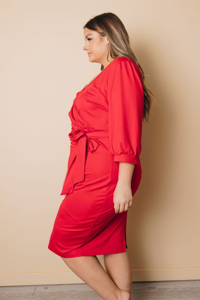 Plus Size Puff Sleeve Wrap V Neck Midi Dress Stay Warm in Style