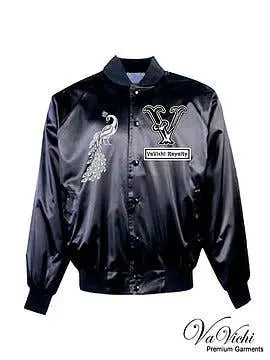 Black satin bomber jacket featuring peacock embroidery and "V" logo, ideal for stylish streetwear looks.