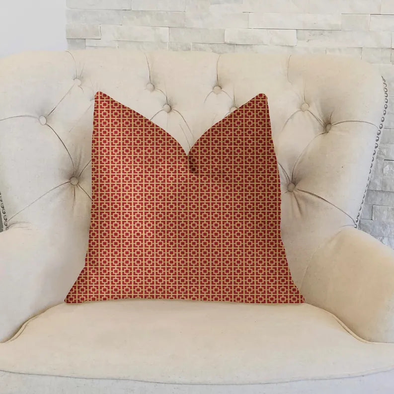 Plutus Crimson Square Red and Beige Luxury Throw Pillow Plutus Brands