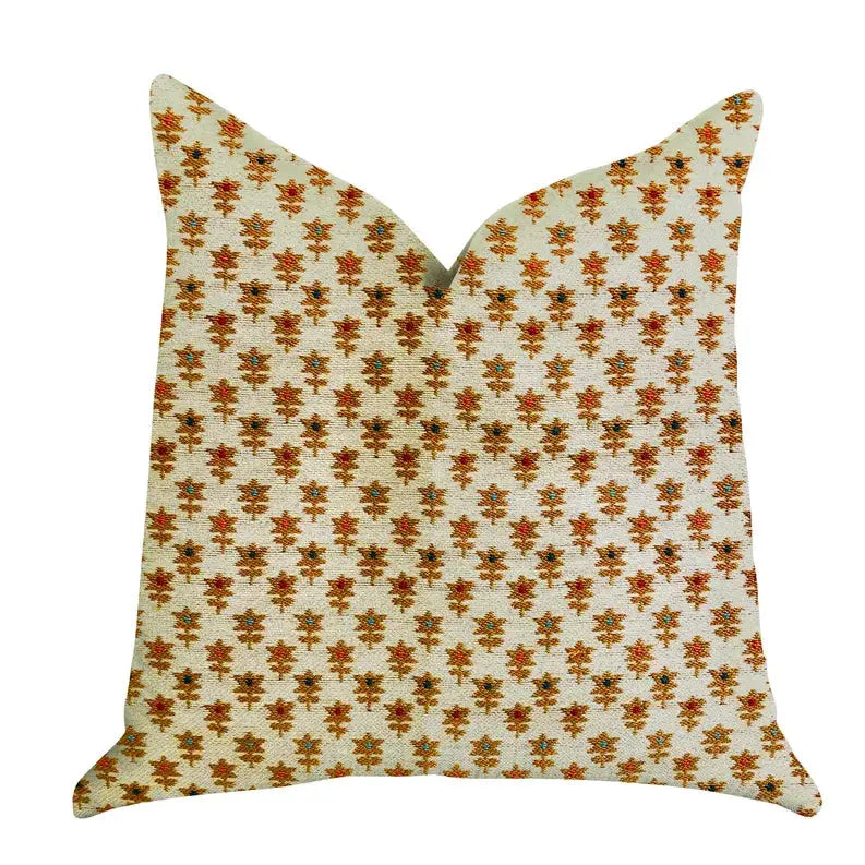 Cream decorative pillow with vibrant orange and brown floral pattern, made from soft cotton blend fabric.