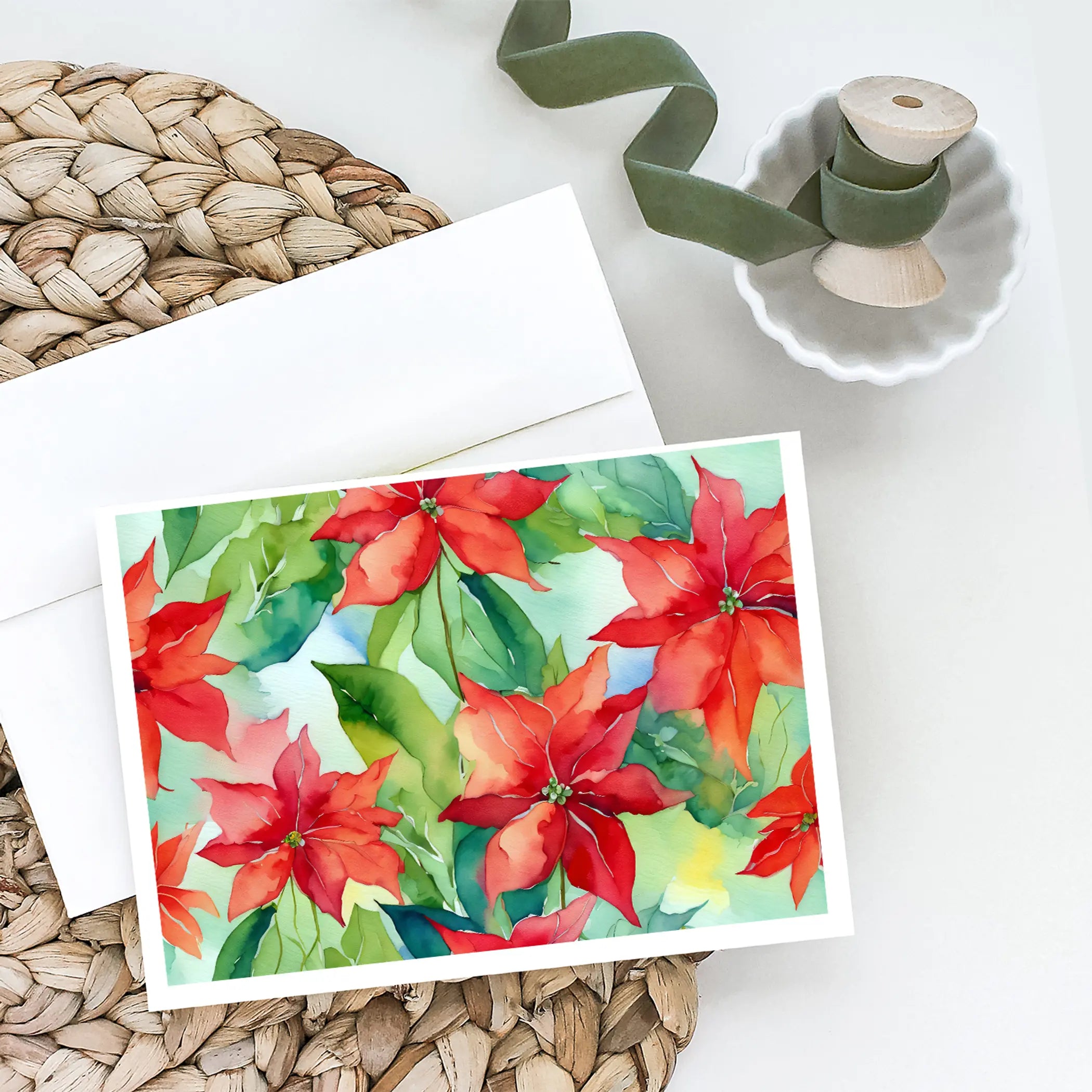 Poinsettias in Watercolor Greeting Cards Pack of 8 Caroline's Treasures