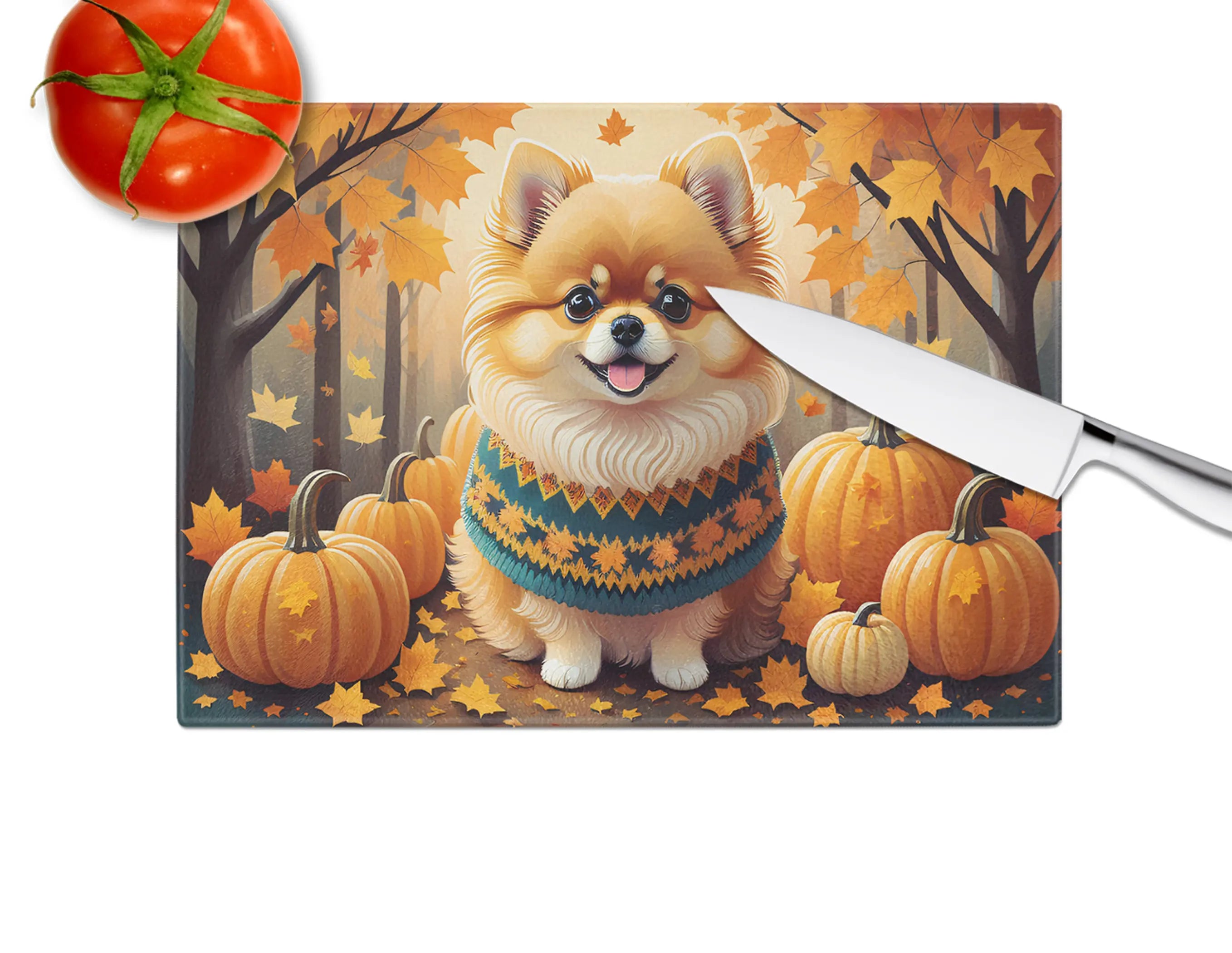 Pomeranian Fall Glass Cutting Board Caroline's Treasures
