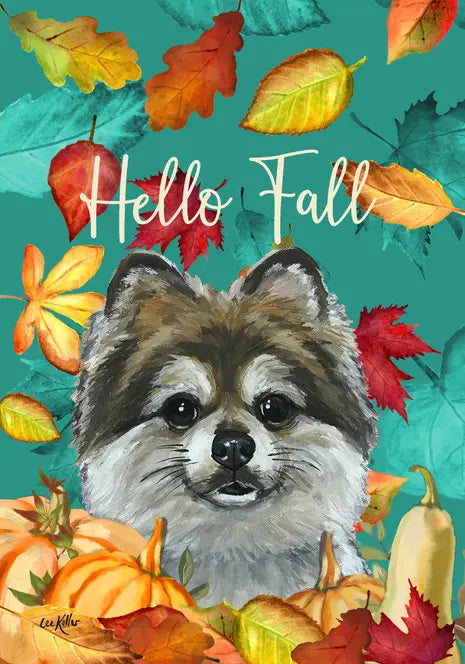 Pomeranian - Hippie Hound Studios Fall Leaves  House and Garden Flags Best of Breed