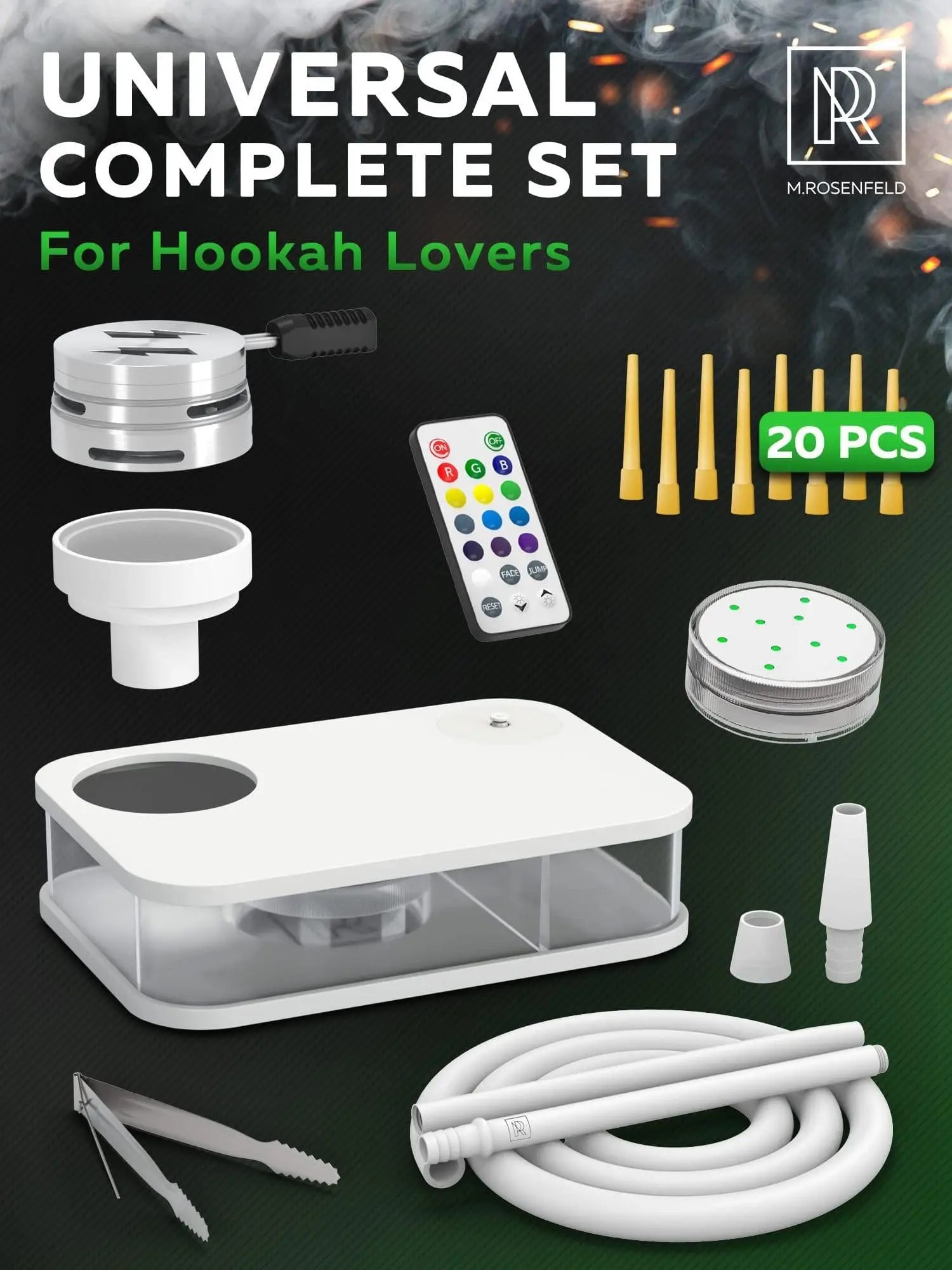Portable Hookah Set With Everything And Case   Premium WHITE Small Hookah Set For Travel Flat Hookah Box Hookah Set With Charcoal Holder & Coal Cover  Travel Hookah Set With Everything M. Rosenfeld