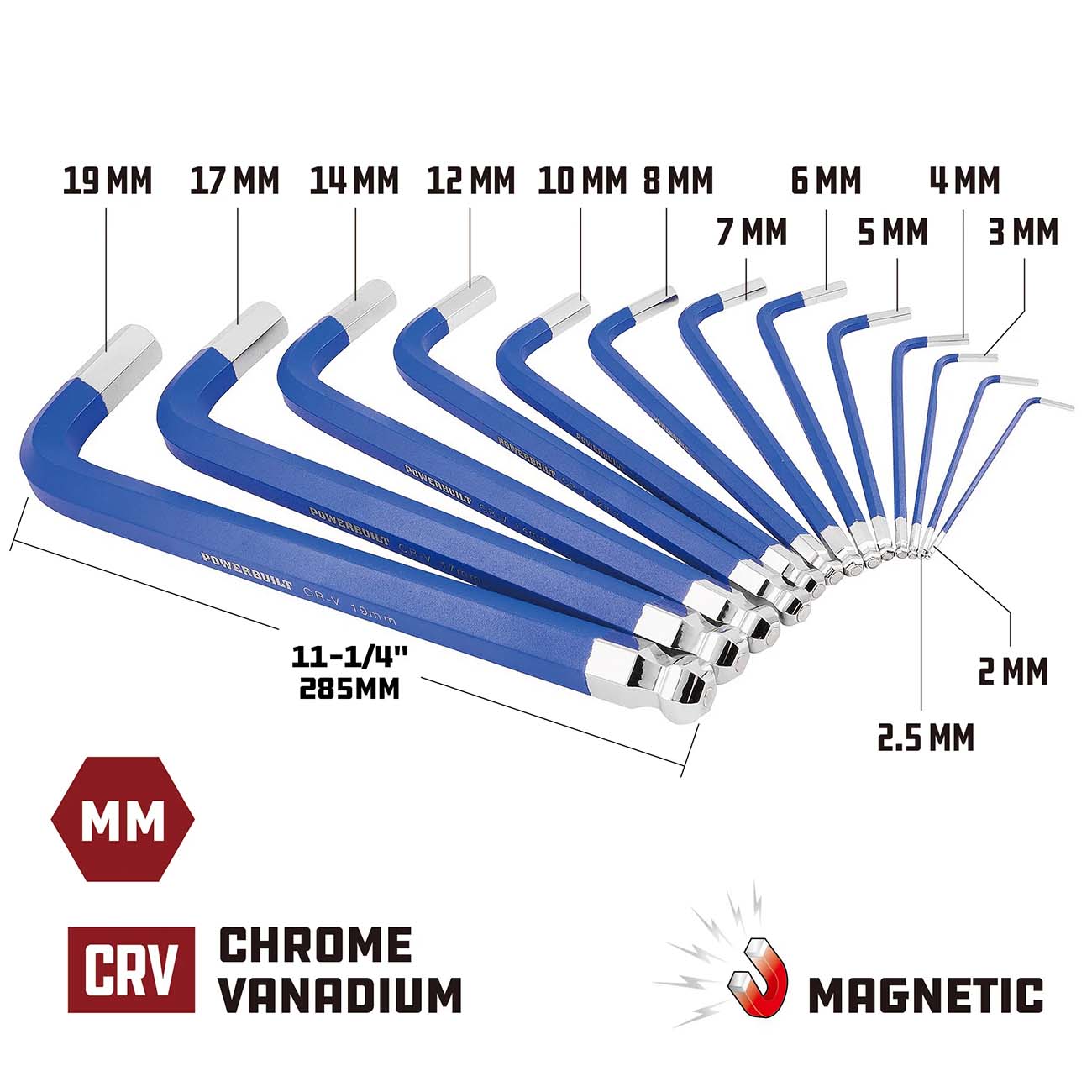 Powerbuilt Blue Metric Long Arm Magnetic Hex Key Wrench Set (13 Piece Set) POWERBUILT