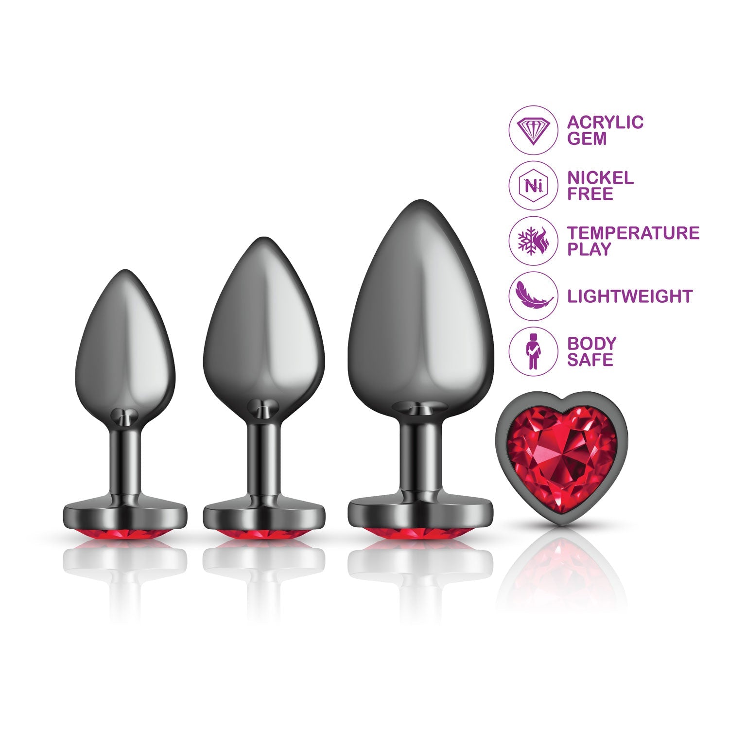 Presale Only - Cheeky Charms - Metal Butt Plug  Gunmetal - Heart Dark Red - Anal Trainer Kit - GreatEagleInc