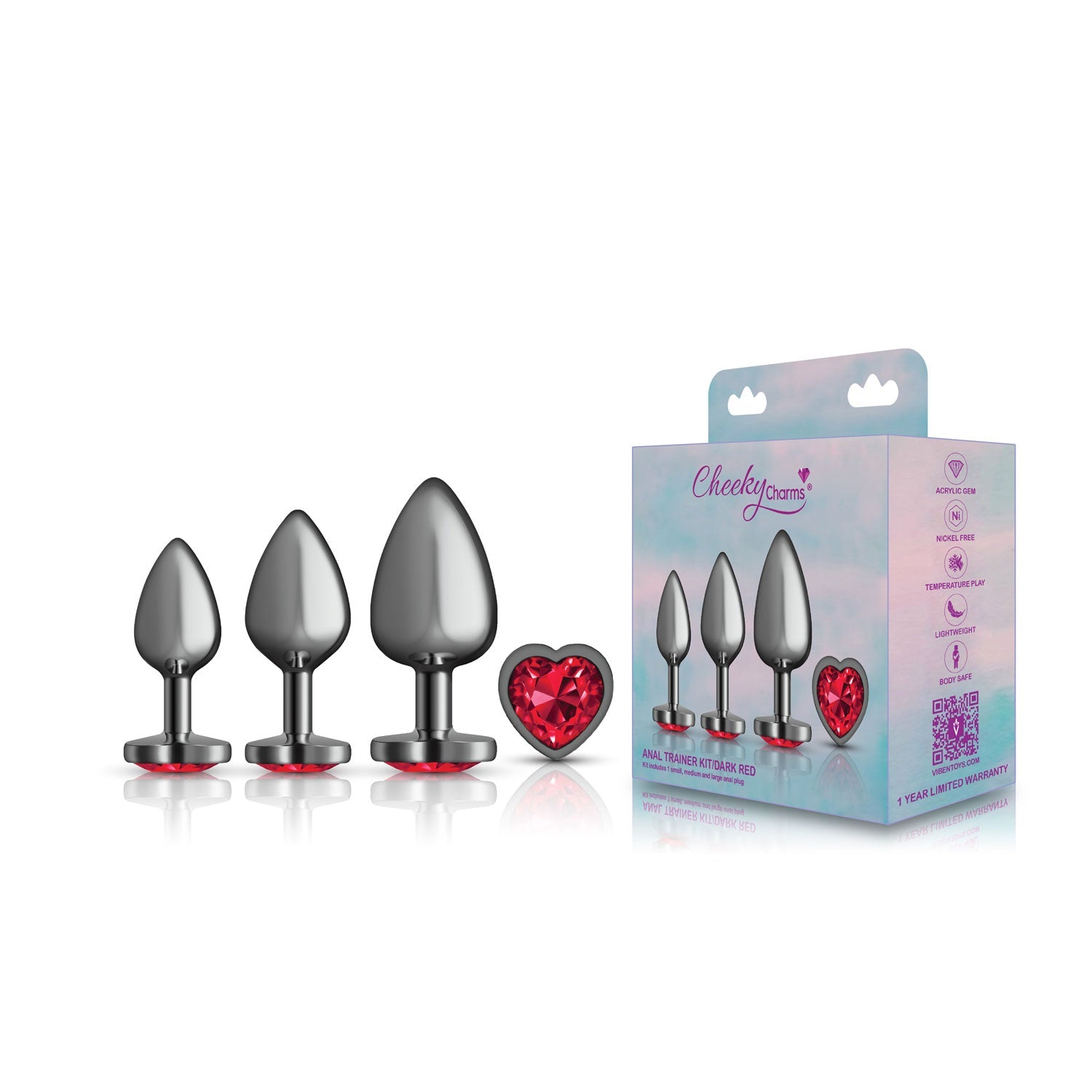 Presale Only - Cheeky Charms - Metal Butt Plug  Gunmetal - Heart Dark Red - Anal Trainer Kit - GreatEagleInc