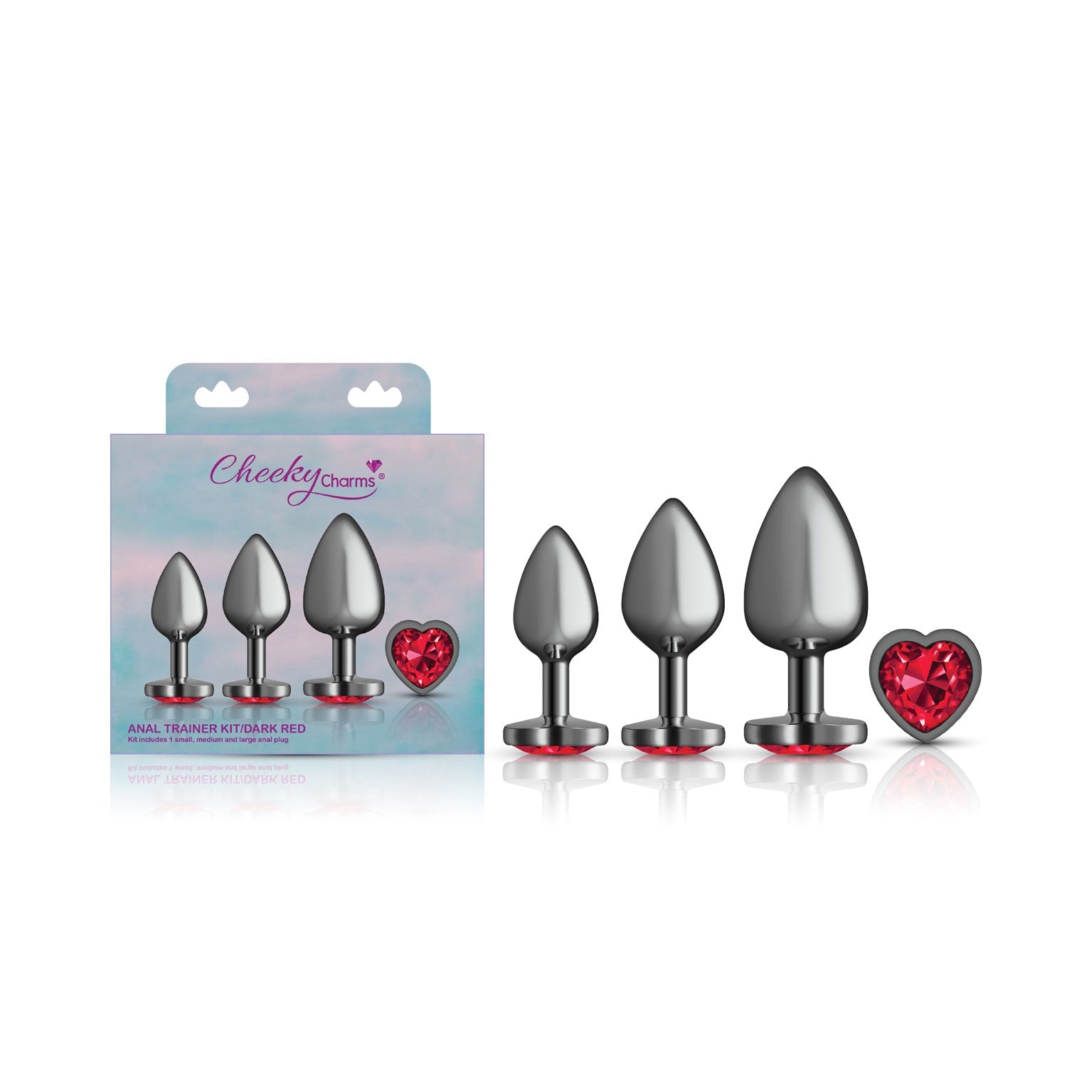 Presale Only - Cheeky Charms - Metal Butt Plug  Gunmetal - Heart Dark Red - Anal Trainer Kit - GreatEagleInc