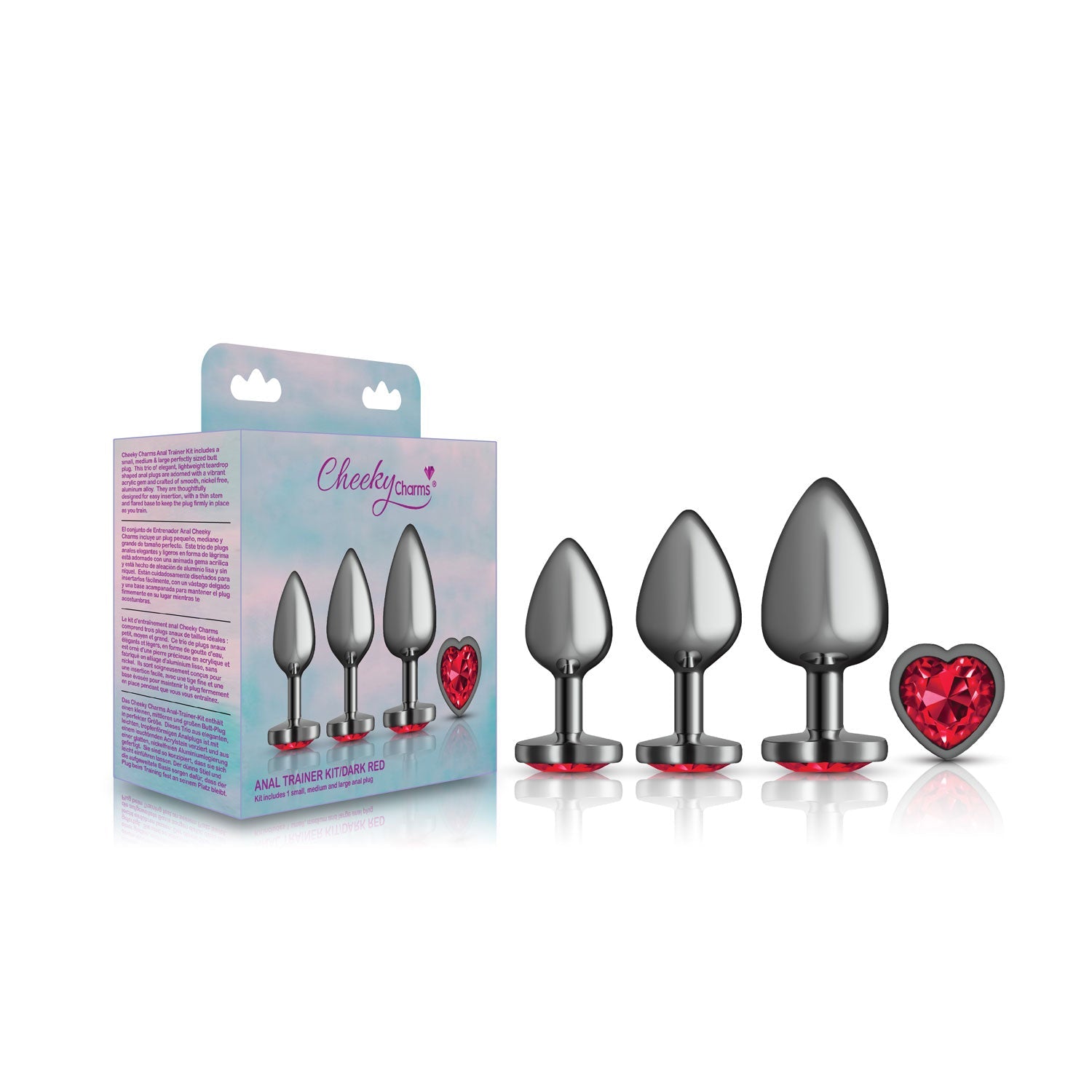 Presale Only - Cheeky Charms - Metal Butt Plug  Gunmetal - Heart Dark Red - Anal Trainer Kit - GreatEagleInc