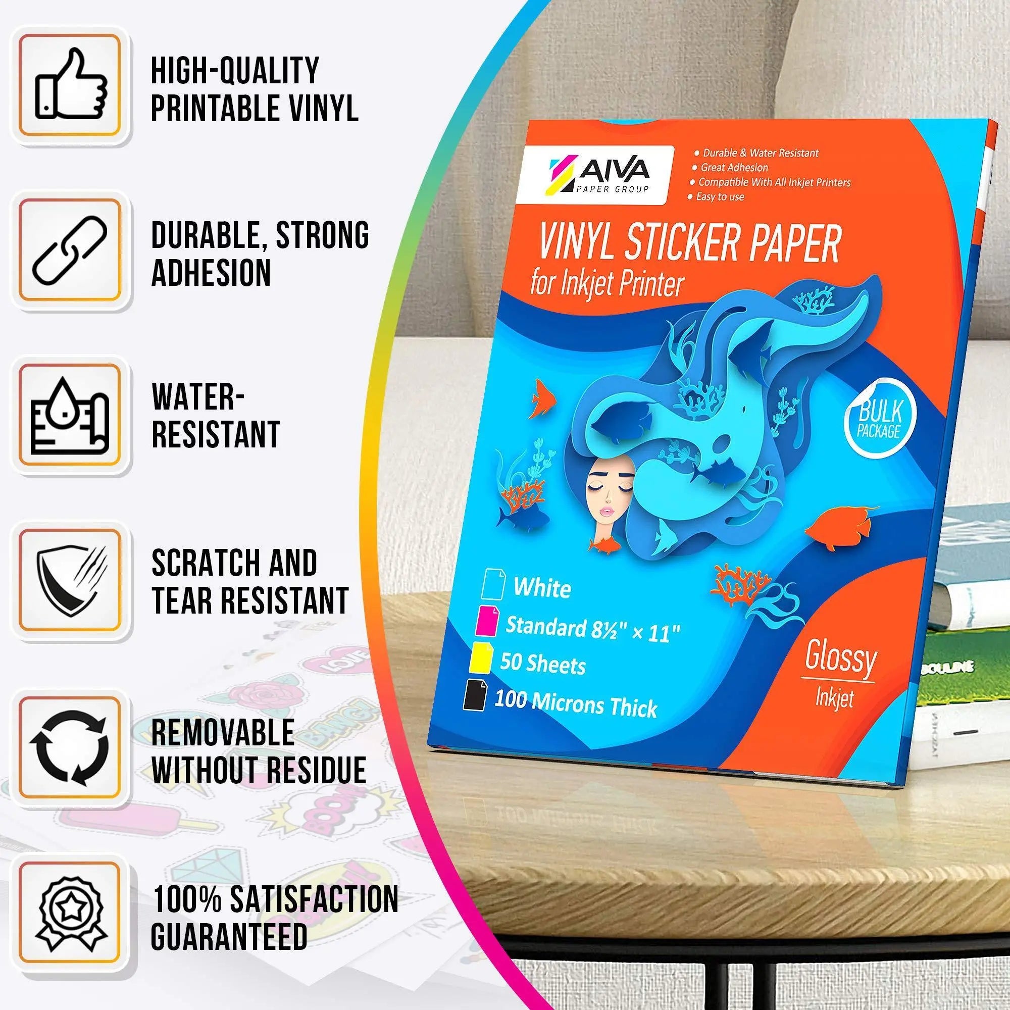 Printable Vinyl Sticker Paper  Waterproof Decal Paper for Inkjet Printer  50 SelfAdhesive Sheets  Glossy White  Standard Letter Size 8.5x11 Limia'S Care