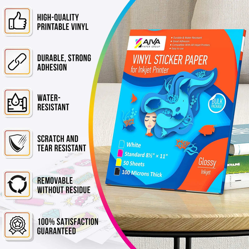 Printable Vinyl Sticker Paper  Waterproof Decal Paper for Inkjet Printer  50 SelfAdhesive Sheets  Glossy White  Standard Letter Size 8.5x11 Limia'S Care