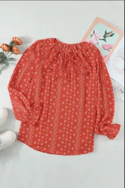 Printed Long Sleeve V-Neck Drawstring Shirt Stay Warm in Style