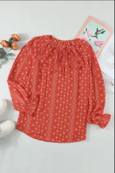 Printed Long Sleeve V-Neck Drawstring Shirt Stay Warm in Style
