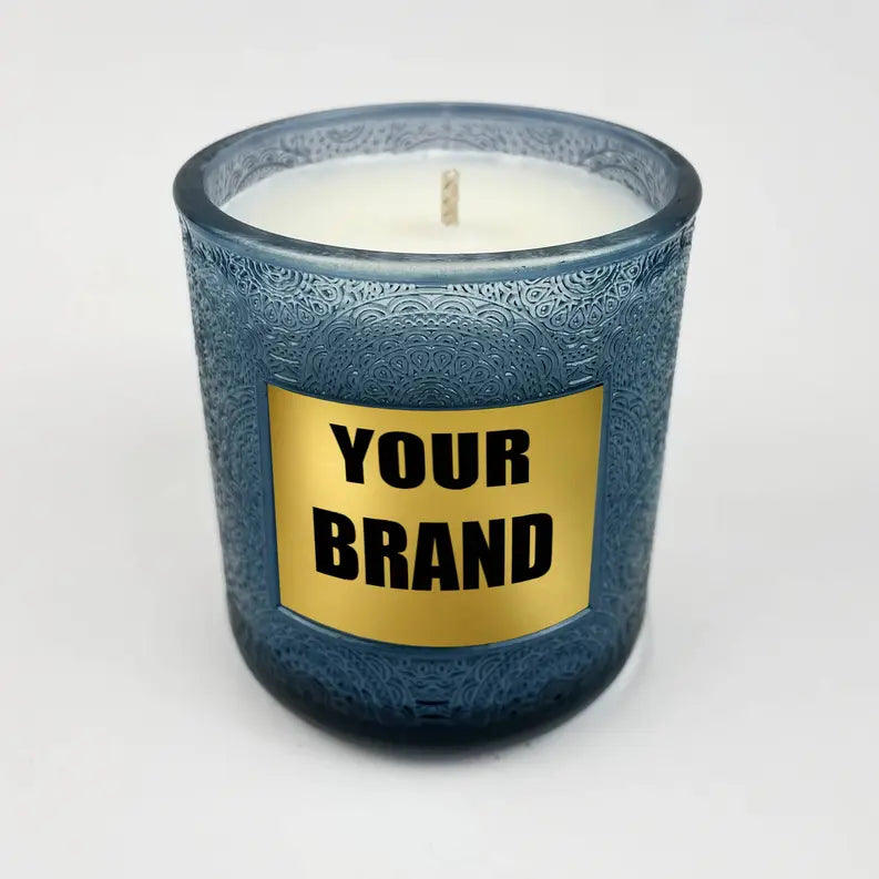 Private Label Candles Blue Floral Cut Pattern Gold Lids Starline Artist Production