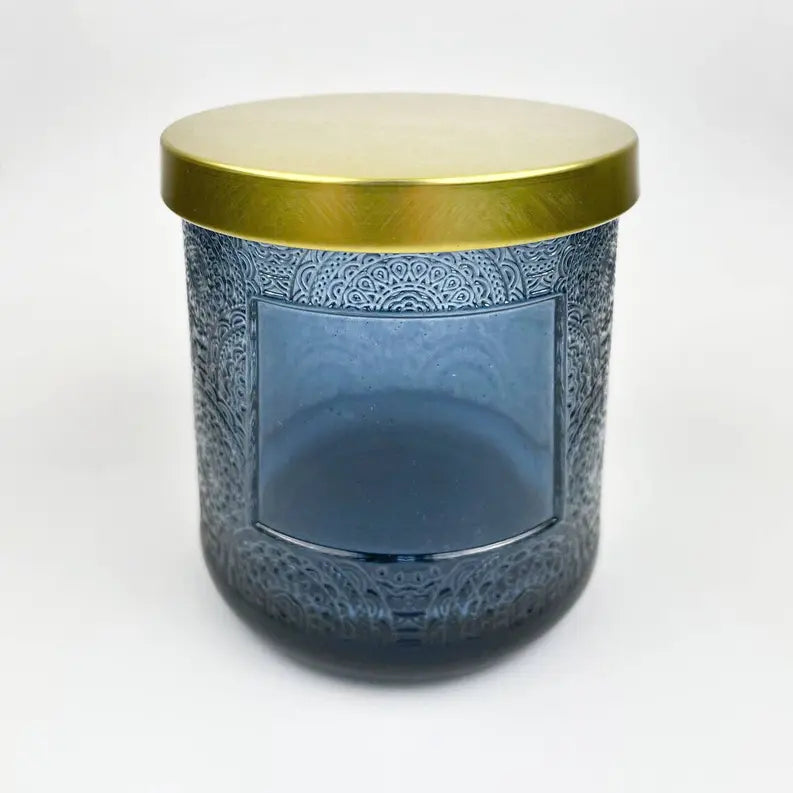 Private Label Candles Blue Floral Cut Pattern Gold Lids Starline Artist Production