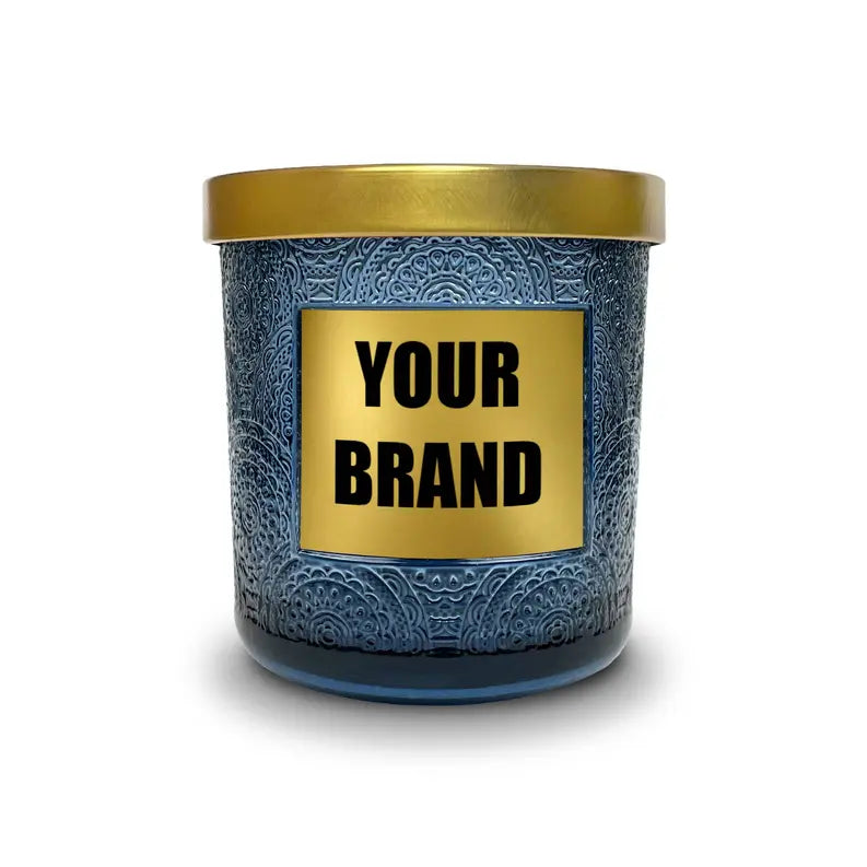 Private Label Candles Blue Floral Cut Pattern Gold Lids Starline Artist Production