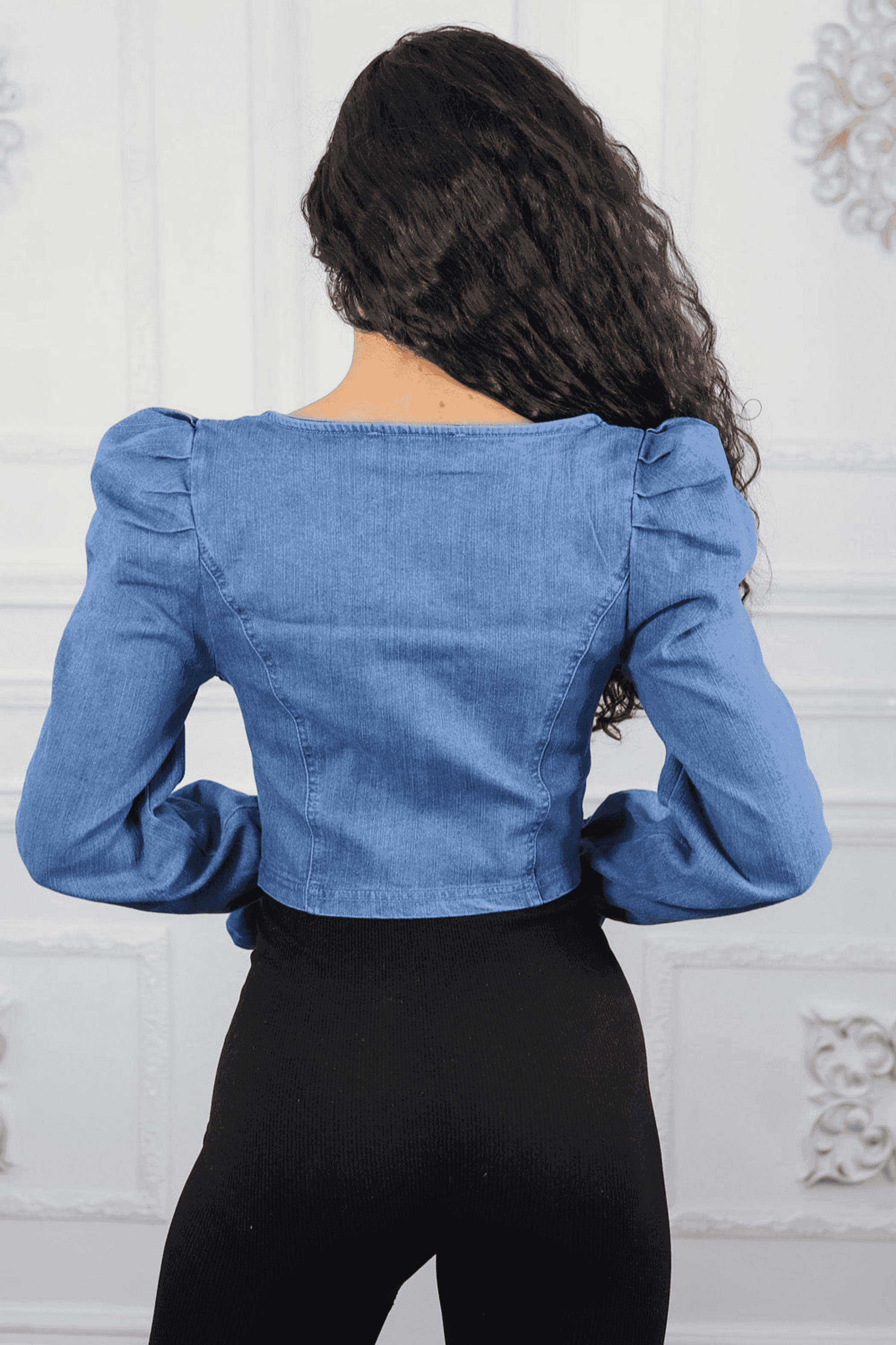 Puff Sleeves Front Zippe Denim Top SurelyMine