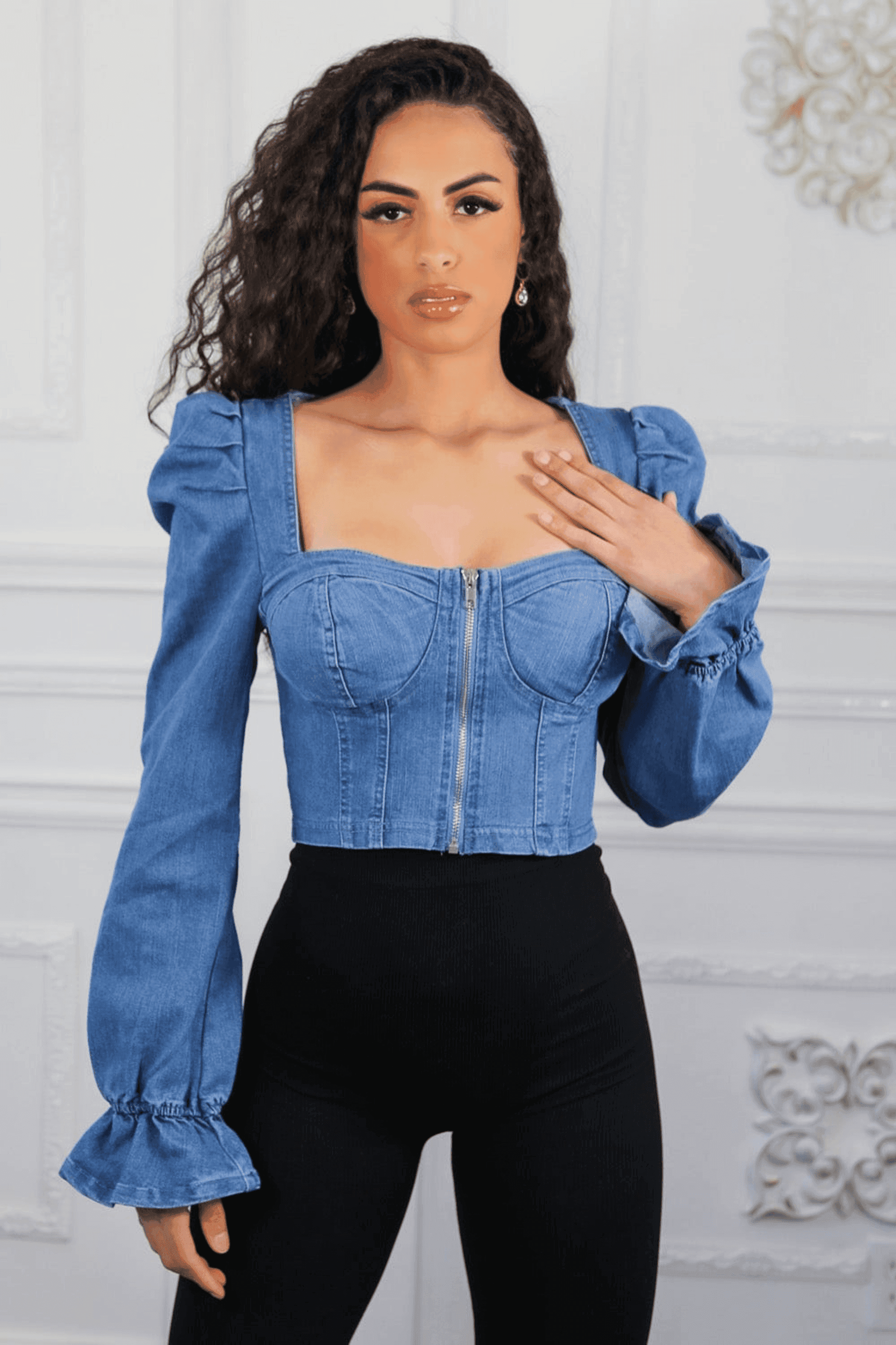 Puff Sleeves Front Zippe Denim Top SurelyMine